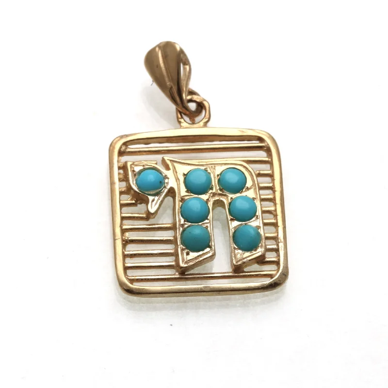 14k Yellow gold  Turquoise Chai Square Pendant Stripes