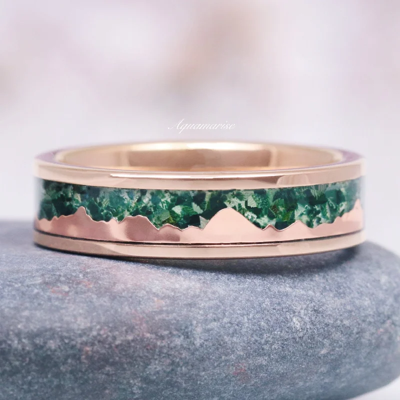 Mountain Range Moss Agate Wedding Band- 6MM Rose Gold Tungsten