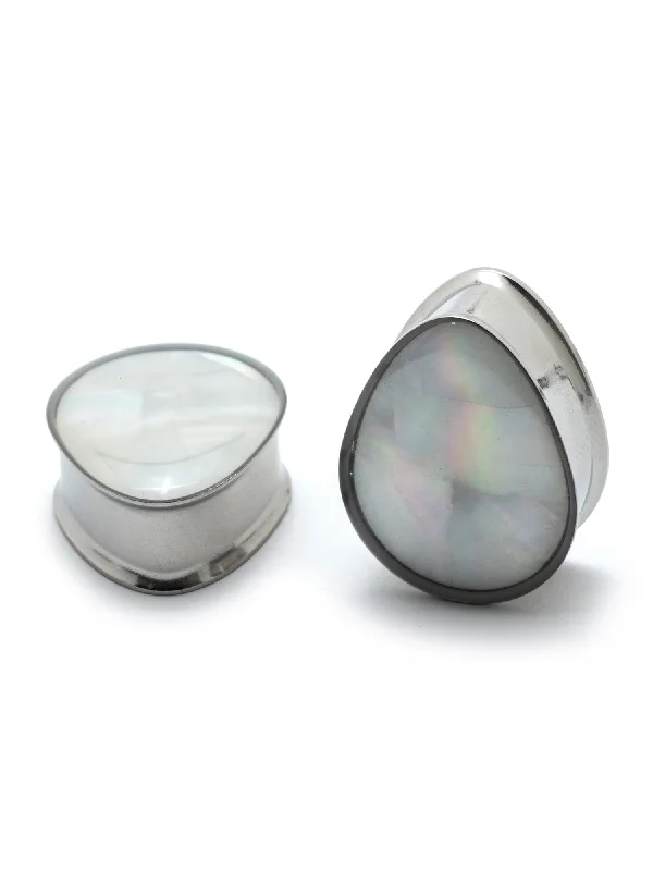 Pearl Inlay Teardrop Double Flared Steel Plugs