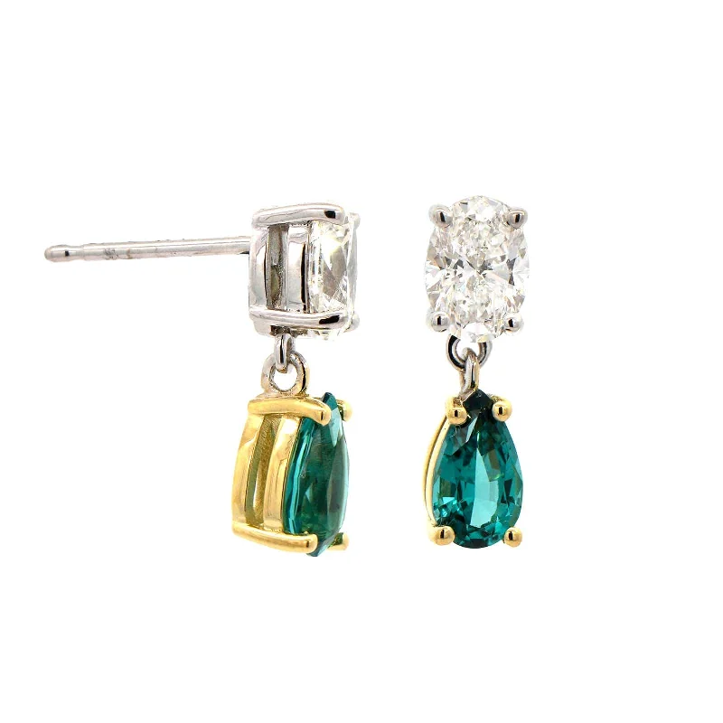 18K Yellow and White Gold 2 Stone Indicolite Diamond Earrings