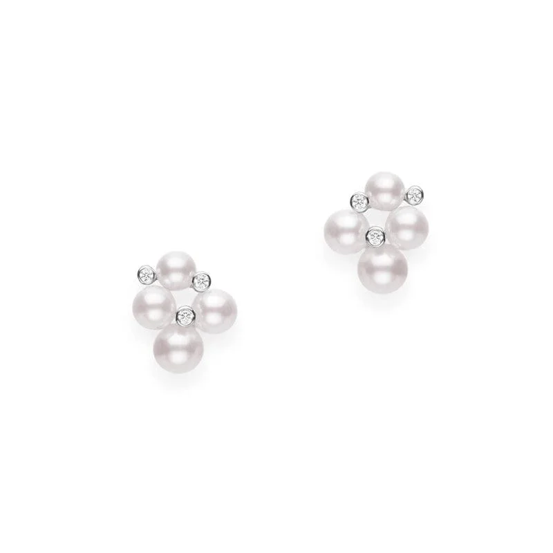 Mikimoto 18K White Gold Akoya Pearl and Diamond Cluster Earrings