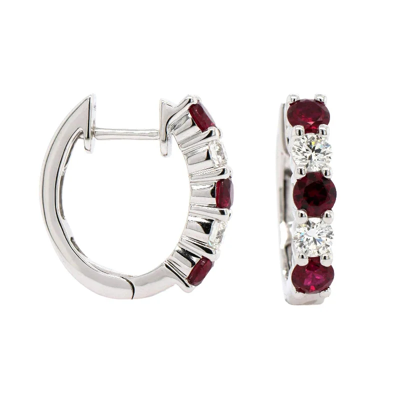 18K White Gold Diamond & Ruby Huggie Earrings