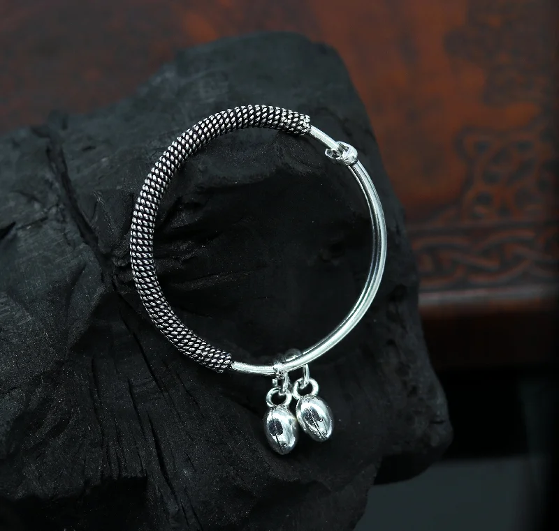 Stylish charm oxidized 925 sterling silver adjustable baby solid bangle bracelet, charm bangle, tribal unisex kids jewelry bbk84